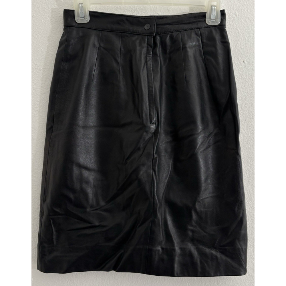 Vintage REAL Black Leather Skirt Solid Women Size 6